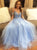Chic Blue Short Sleeves Straps Tulle Prom Dresses with Beadings