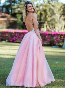 A Line Spaghetti Straps Backless Organza Prom Dress with Sequins