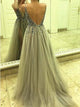  Silver V Neck Open Back Sweep Train Prom Dresses with Rhinestones