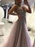Silver V Neck Open Back Prom Dresses with Beadings LBQ0413