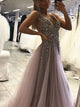  Silver V Neck Open Back Prom Dresses with Beadings