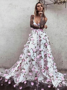 Floral Pink Prom Dress Lace Long Appliques Prom Dresses