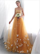 Orange A Line Strapless Tulle Long Prom Dresses