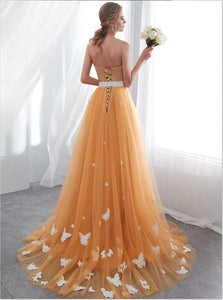 Orange A Line Strapless Tulle Long Lace Up Prom Dresses