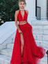 Two Piece Red Tulle Beadings Prom Dress LBQ0396