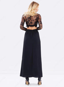  A Line Two Piece Scoop Lace Black Appliques Long Sleeves Prom Dresses