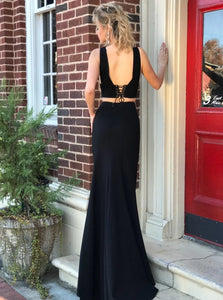 Mermaid Two Piece V Neck Black Long Lace Up Prom Dresses 