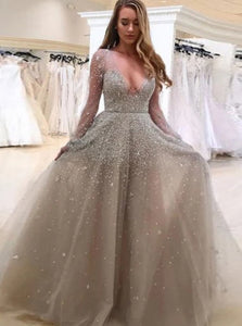 Tulle V Neck Long Sleeves Beadings Prom Dresses