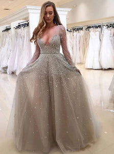 Chic Tulle V Neck Long Sleeves Beadings Prom Dresses