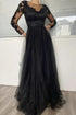 Long Sleeves Round Neck Black Lace Long Prom  Lace Formal  Evening Dress ZXS376
