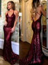 Sexy Sequins Burgundy Criss Cross Mermaid Prom Dress LBQ0610