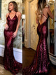 Sexy Sequins Burgundy Criss Cross Mermaid Prom Dresses