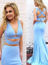 Two Piece Mermaid Satin Blue Straps Criss Cross Prom Dress LBQ0552