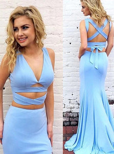 Two Piece Mermaid Satin Blue Straps Criss Cross Sweep Train Prom Dresses