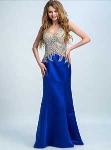  V Neck Dark Royal Blue Mermaid Satin Prom Dresses 