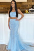 Mermaid Two Pieces Blue Lace Long Prom Formal Dress GJS459