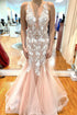 Mermaid V Neck Rose Pink Tulle Long Prom Dress with Appliques GJS457