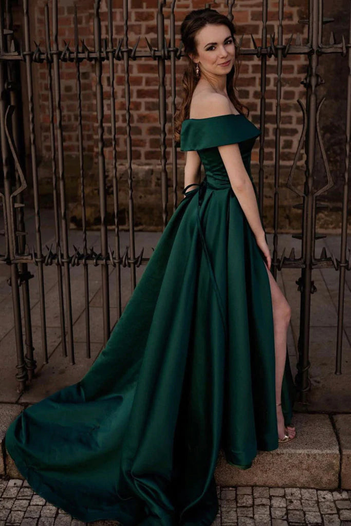 Off Shoulder Dark Green Satin Long Prom Dress with High Slit GJS692 Alinepromdress Off Shoulder Dark Green Satin Long Prom Dress with High Slit GJS692 Alinepromdress