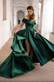 Off Shoulder Dark Green Satin Long Prom Dress with High Slit GJS692