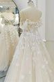Off Shoulder Light Champagne Tulle Lace Long Prom Formal Evening Dress GJS700