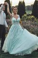 Off Shoulder Mint Green Lace Tulle Long Prom Dress GJS704