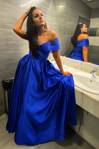 Off Shoulder Royal Blue Long Prom Dress with High Slit GJS701
