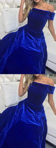 Royal Blue Off Shoulder  Velvet Elegant A-Line Prom Dresses GJS429