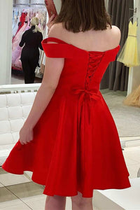 Off the Shoulder Red Satin Short Prom Homecoming Dress GJS710