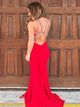 Mermaid Jewel Red Satin Open Back Prom Dress with Beadings
