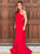 Mermaid Jewel Sweep Train Red Satin Open Back Prom Dress with Beadings