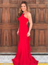 Mermaid Jewel Red Satin Open Back Prom Dress with Beadings LBQ0381