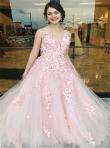 Deep Sweep Train Pink Tulle Open Back Prom Dress with Appliques 