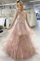 Open Back Pink Lace Tulle Long Prom Formal Evening Dress GJS136