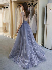 A Line V Neck Floor Length Organza Open Back Prom Dresses