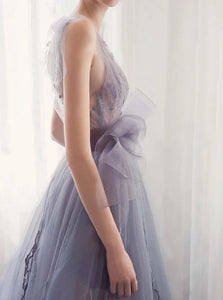 A Line V Neck Floor Length Organza Prom Dresses with Pleats