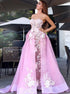 A Line Strapless Sleeveless Organza Prom Dresses with Appliques LBQ0496