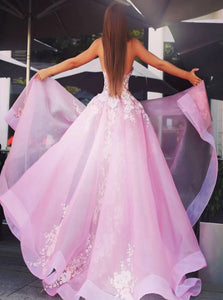 A Line Strapless Appliques Organza Prom Dresses