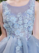 Ball Gown Sky Blue Appliques Organza Sleeveless Prom Dresses