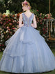 Ball Gown Sky Blue Appliques Organza Floor Length Prom Dresses