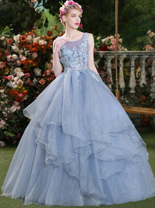 Ball Gown Sky Blue Appliques Organza Prom Dresses