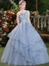 Ball Gown Sky Blue Appliques Organza Prom Dresses LBQ0480