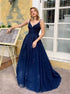 A Line Spaghetti Straps V Neck Appliques Tulle Lace Up Prom Dress LBQ4278