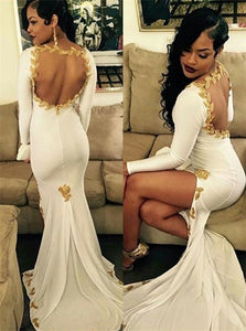 Mermaid Long Sleeves Scoop Open Back Applique Satin Prom Dresses with Slit 
