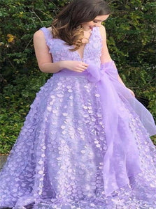 A Line Lilac V Neck Tulle Bowknot Prom Dresses