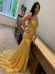 Mermaid Gold V Neck Criss Cross Sequins Prom Dresses 