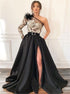 A Line Black One Shoulder Slit Feather Applique Satin Prom Dress LBQ3567