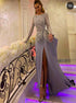 A Line Scoop Lace Slit Appliques Satin Long Sleeves Prom Dresses LBQ3584