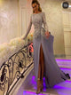 A Line Scoop Lace Slit Appliques Satin Long Sleeves Prom Dresses