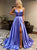 A Line Spaghetti Straps Satin Lace Up Prom Dresses with Slit