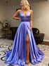 A Line Spaghetti Straps Satin Lace Up Prom Dress with Slit LBQ3797